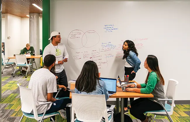 Students working together using a whiteboard