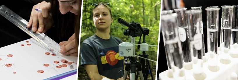 Blood spatter measurements; student with equipment in the forest; test tubes