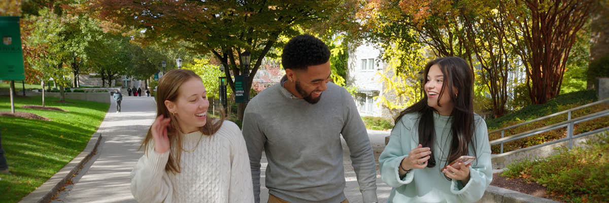 Three people walk and chat on a tree-lined path with autumn leaves.