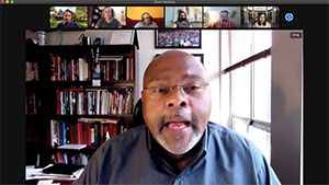 Dr. Earnest Perry speaking at the virtual 'Infusing the Curriculum' DEI teaching workshop