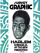 A graphic of a black man's face with text that reads Survey Graphic Harlem Mecca of the New Negro