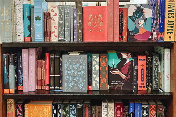 Classic and modern books stacked on a bookshelf