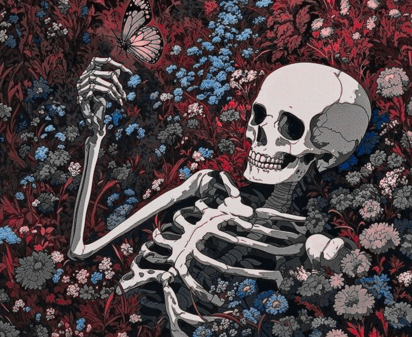 An illustration of a skeleton lying in a field of flowers holding a butterfly.