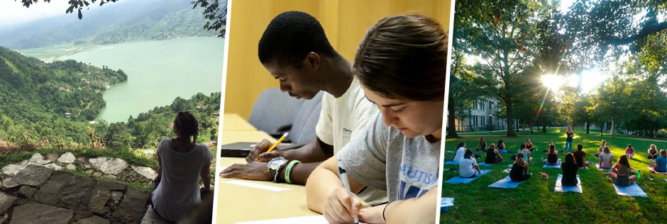 Student on a cliff overlooking a tropical climate; students writing on paper at a desk; students doing yoga on the quad