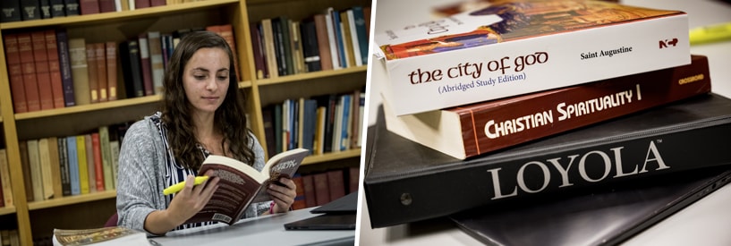 Image 1: Student studying. Image 2: Course materials stacked on top of each other.