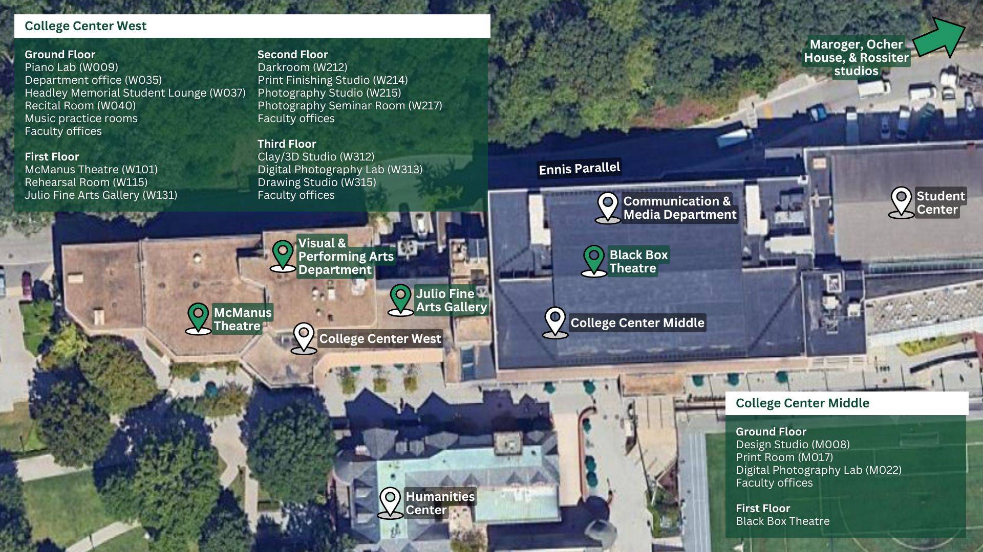 Close-up of map of Loyola with Visual and Performing Arts Department spaces labeled
