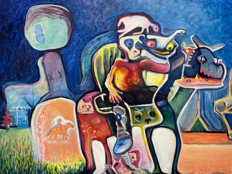 Surreal colorful painting of a humanoid figure riding on a horse, surrounded by abstract anatomical forms against a textured blue background.