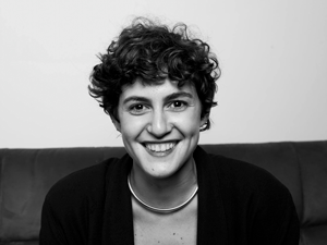 headshot of Zoe Schlanger in black and white