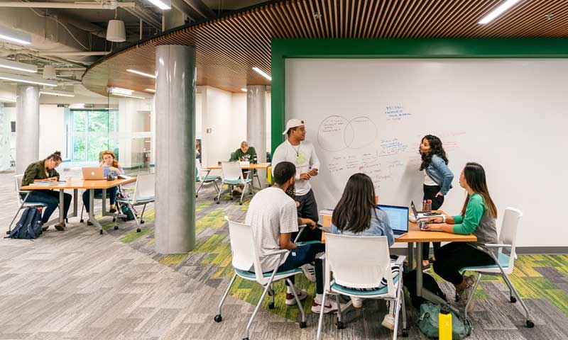 Students working on an assignment together at a large whiteboard wall