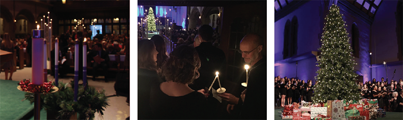 Candles, tree, and presents at Lessons and Carols