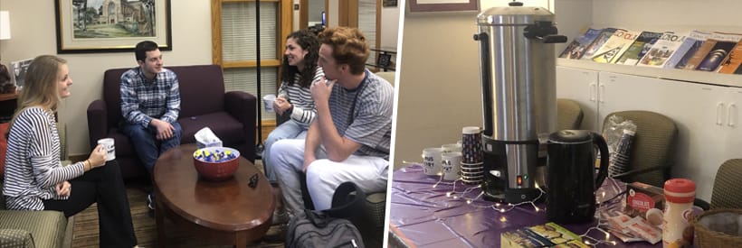 Loyola University Maryland community members gathered in the Campus Ministry office for coffee and camaraderie