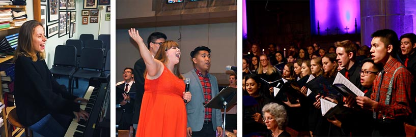 Three pictures: Student playing piano, student singing, and choir singing