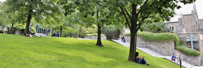 Students spread out among the trees of Loyola's academic quad