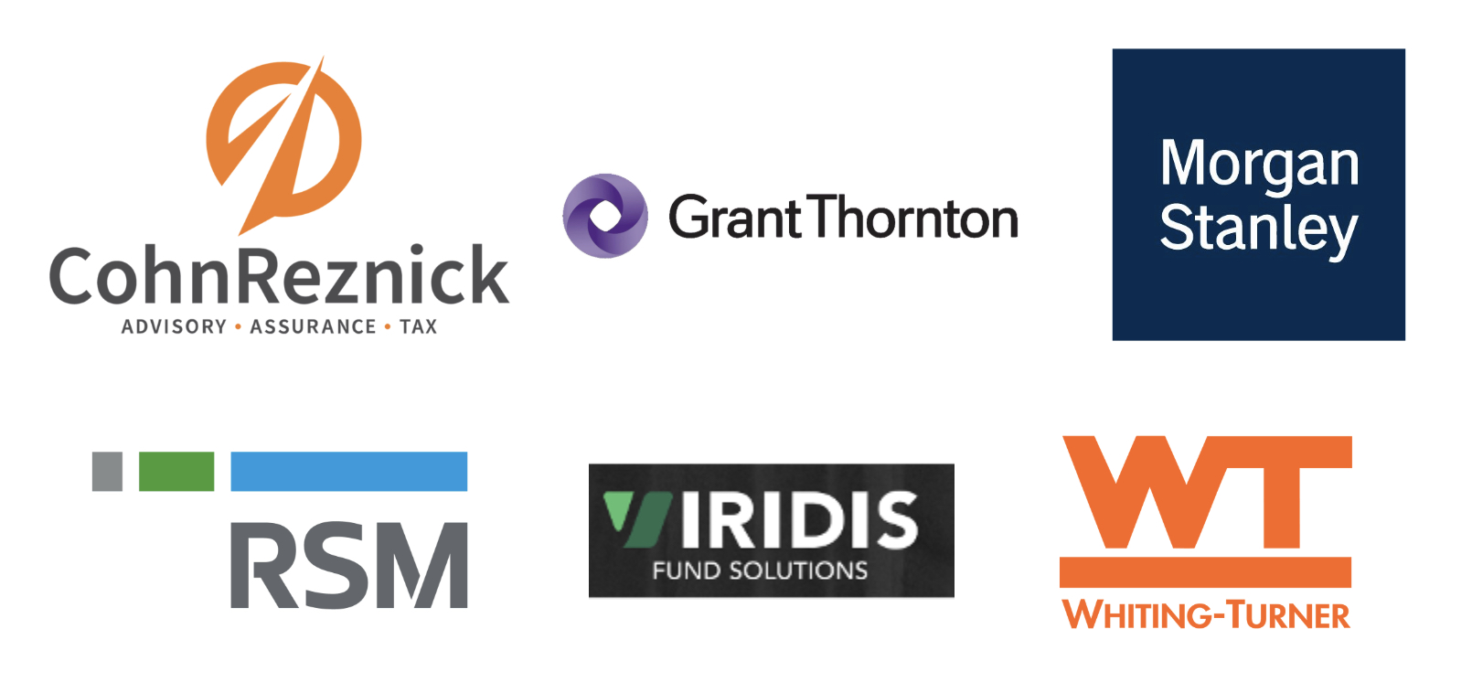 A grid of sponsor logos - including CohnReznick, Grant Thornton, Morgan Stanley, RSM, Viridis, Whiting-Turner