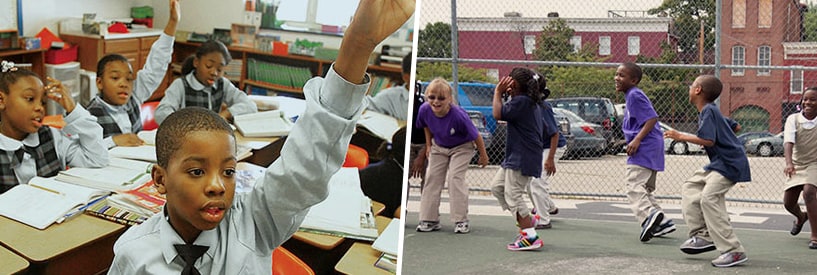 Students in a classroom raising their hands; Students playing outside on a blacktop