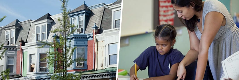 Colorful rowhomes in front of a clear blue sky; Teacher helping a young student with her work