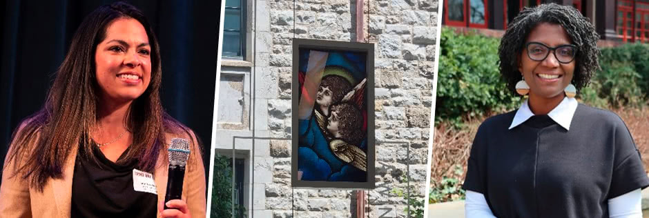 Two Loyola angels and a stained glass window on Loyola's campus