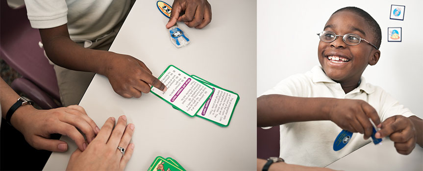 Two photos of Garcia at the Clinical Centers working on his reading skills