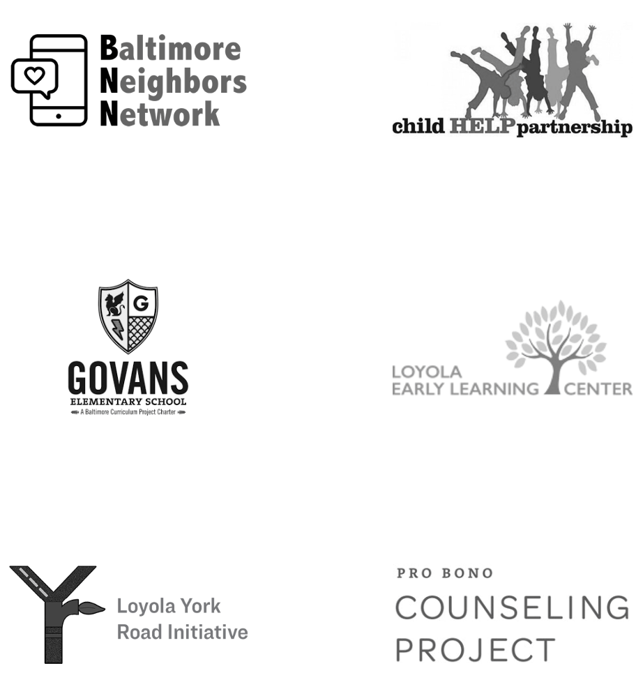 A grid of logos for partner organizations - Including Baltimore Neighbors Network, Child Help Partnership, Govans Elementary School, Loyola Early Learning Center, York Road Initiative, and Pro Bono Counseling Project
