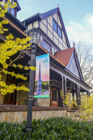 An angled photo of the Humanities building