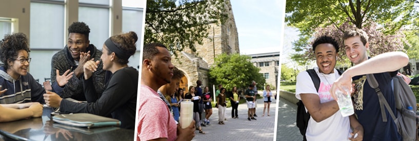 Students talking, students at vigil, two students posing for photo