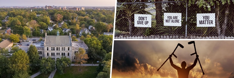 Sky view of Jenkins Hall; signs on fence reading "don't give up, you are not alone, and you matter"; person holding crutches in the air against a beautiful sky