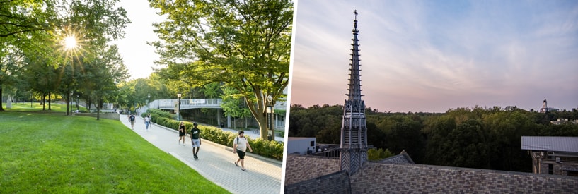 Students walking across campus on a bright morning; The steeple of the chapel against a blue and pink sky