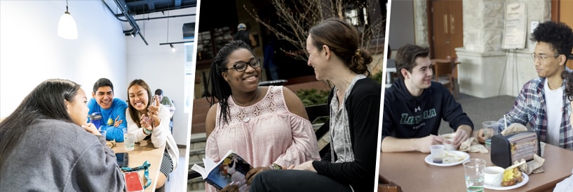 Students eating and socializing in Boulder; Student and faculty member talking on a bench