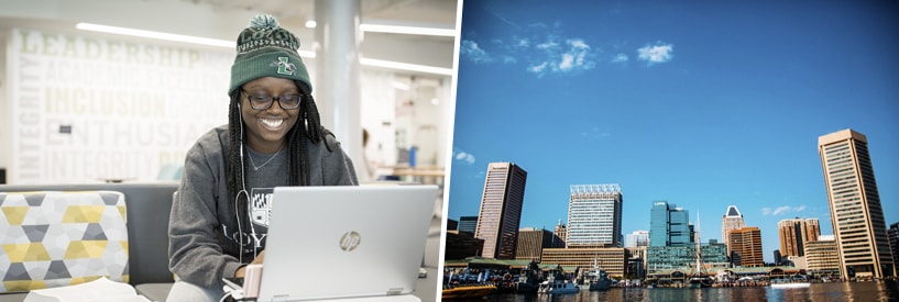 Student smiling while working on laptop; Baltimore city skyline