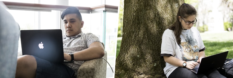 Students using laptops in private spaces indoors and outdoors