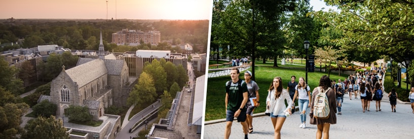 A view of campus from the sky; many students walking to and from class