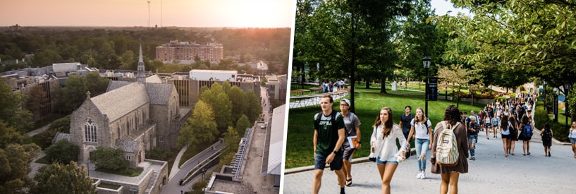 A view of campus from the sky; many students walking to and from class