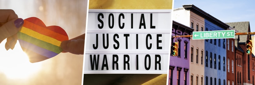 Fingers holding a rainbow striped heart; sign reading "social justice warrior"; "Liberty Street" sign in a city