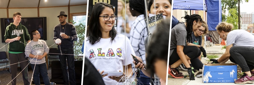 students at men's retreat, student in club t-shirt, students doing community service