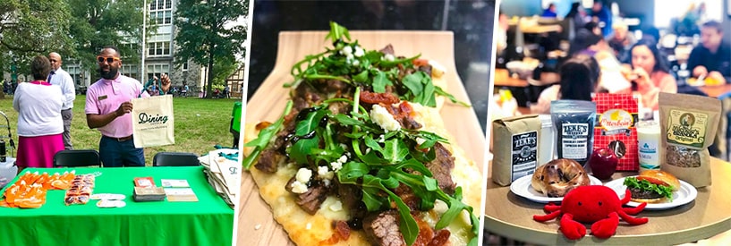 Employee at dining table at fair, flatbread pizza, and local products