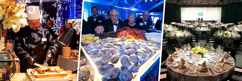 Chef carving meat, oysters, special event hall