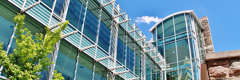 Student Center in front of clear blue skies