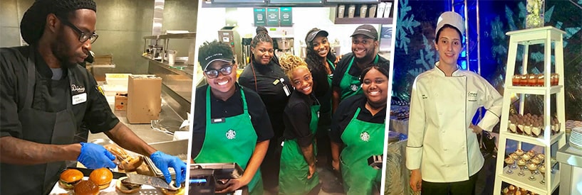 Dining employees smiling and working at various locations and events