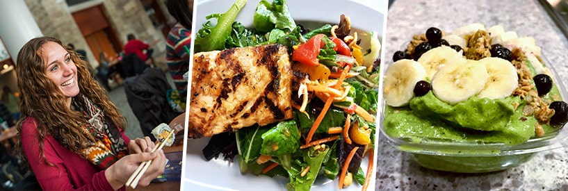 Student eating sushi, grilled chicken salad, acai bowl