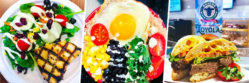 Collage featuring grilled chicken with salad, eggs, and burger