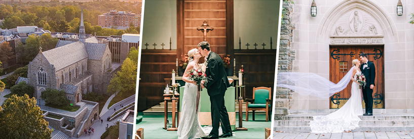 Aerial view of Loyola's Alumni Memorial Chapel, a couple kissing following their wedding ceremony in the Chapel, and a couple posing outside