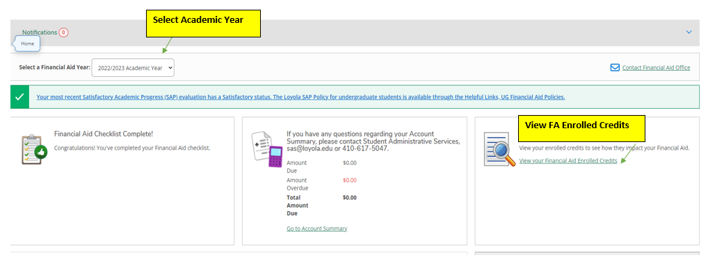 Screenshot webpage highlighting 'View your Financial Aid Enrolled Credits' link under 'Financial Aid Enrolled Credits' heading