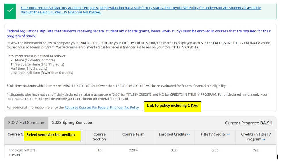 Screenshot webpage with credit breakdown information and list of credits for current program/semester