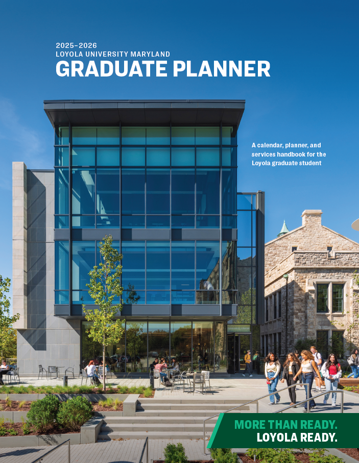 Cover of graduate planner depicting the windows and side entrance of the Loyola Fernandez Center
