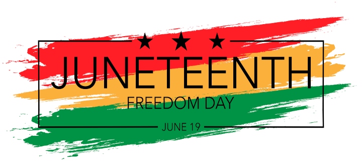 Graphic that says "Juneteeth Freedom Day June 19" with decorative paint strokes in red, yellow, and green