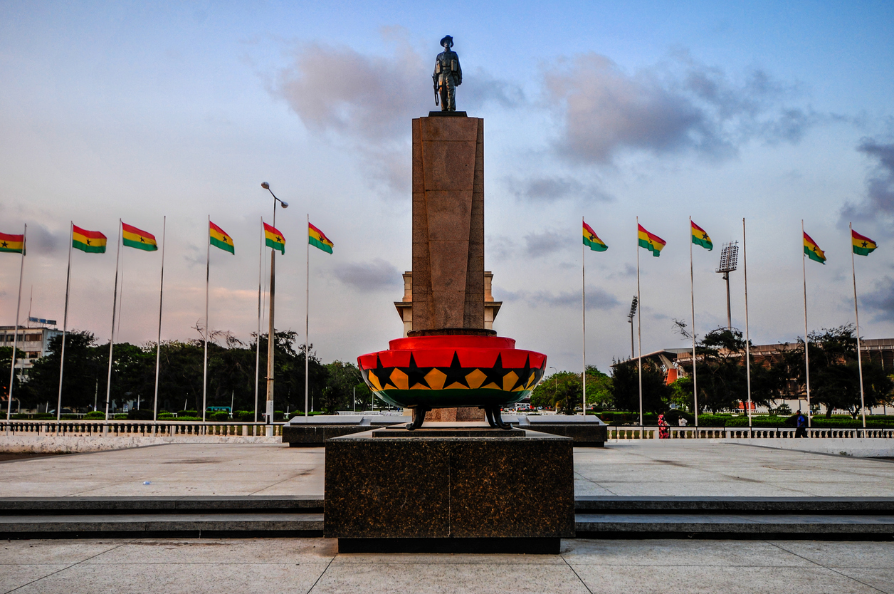 Statues with the ghana flag surrounding it