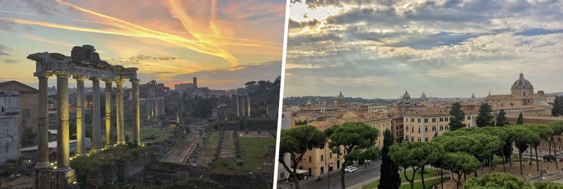 The forum in the center of Rome with a sunset in the background