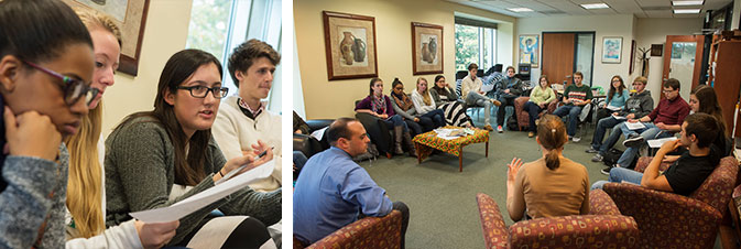 Collage of students talking in a group setting