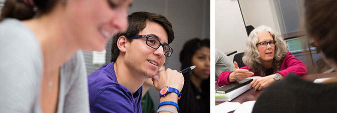 College of students speaking with faculty