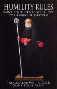 Cover of Humility Rules, depicting an image of Saint Benedict on a black background
